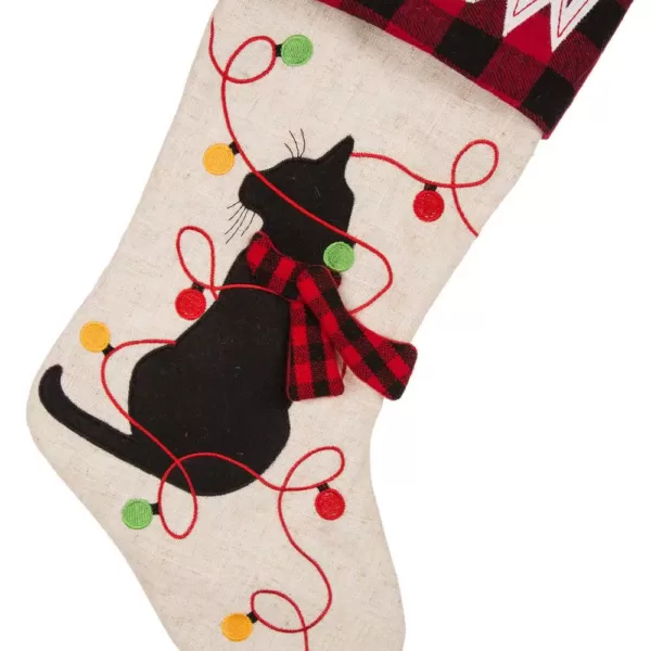 Glitzhome 21 in. L LED Embroidered Linen Christmas Stocking - Cat