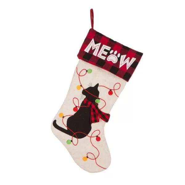 Glitzhome 21 in. L LED Embroidered Linen Christmas Stocking - Cat