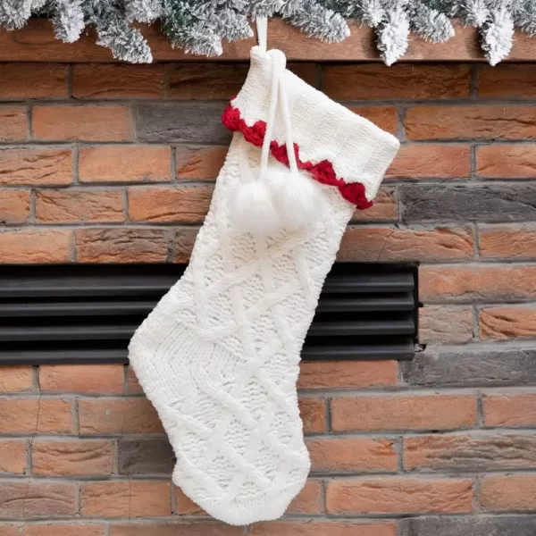 Glitzhome 22 in. L Knitted Polyester White Christmas Stocking with Red Trim and Pompom