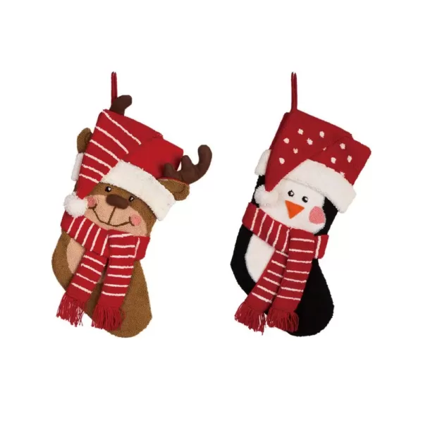 Glitzhome 19 in. H Acrylic/Polyester 3D Hooked Penguin and Reindeer Stocking (Set of 2)