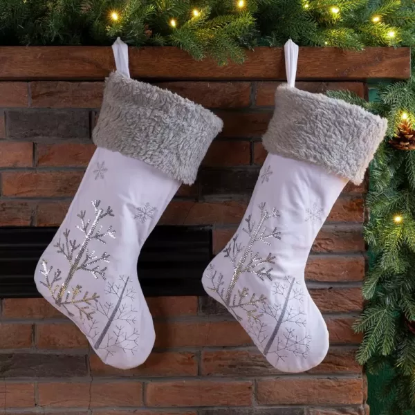 Glitzhome 21 in. H Polyester White Fleece Stocking with Christmas Tree and Snowflake (2-Pack)