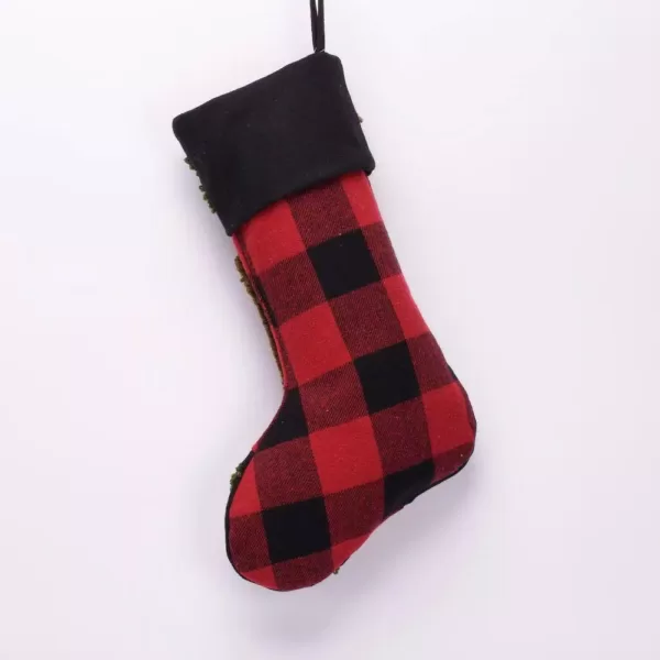 Glitzhome 19 in. Polyester/Acrylic Plaid Christmas Stocking with Rug Hooked Bear