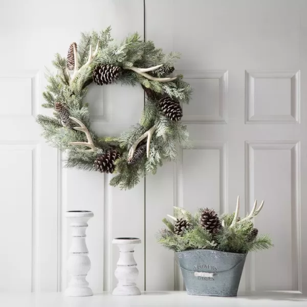 Glitzhome 24 in. D Flocked Pinecone and Antler Wreath