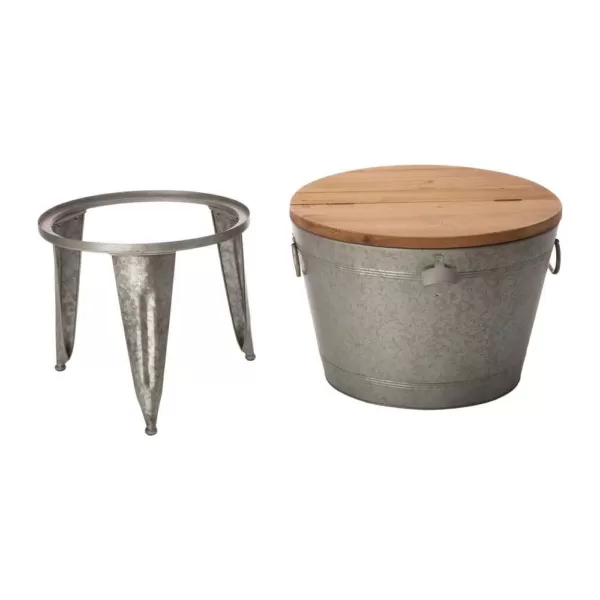 Glitzhome 26.29 in. H Gray Galvanized Beverage Tub with Metal Stand or Accent Table with Firwood Lid