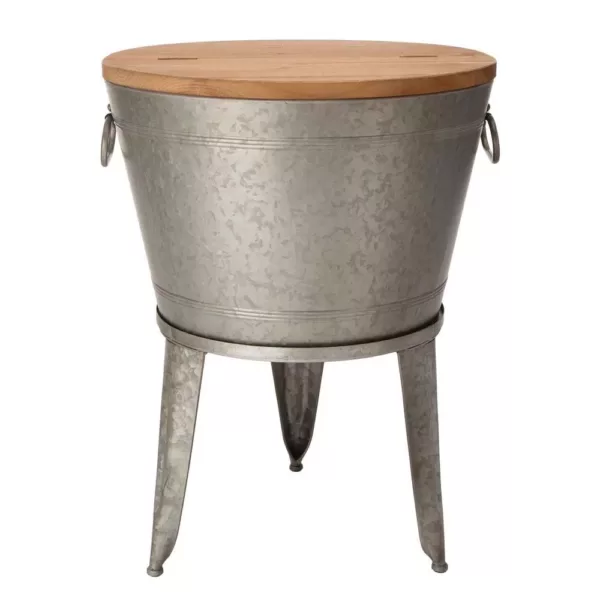 Glitzhome 26.29 in. H Gray Galvanized Beverage Tub with Metal Stand or Accent Table with Firwood Lid