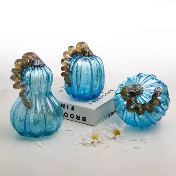 Glitzhome S/3 8.46 in. Blue Glass Pumpkin