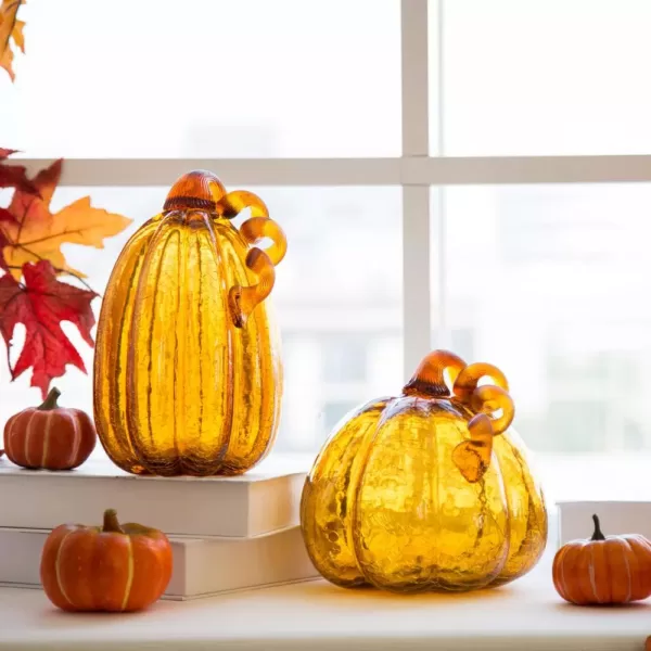 Glitzhome S/2 9.06 in. Amber Crackle Glass Pumpkin