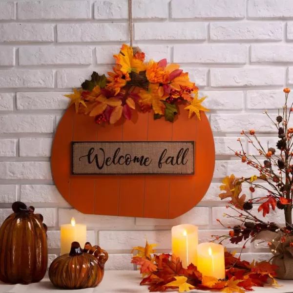 Glitzhome 20.28 in. H Fall Wooden Pumpkin with Floral Standing / Hanging Decor (2-Function)