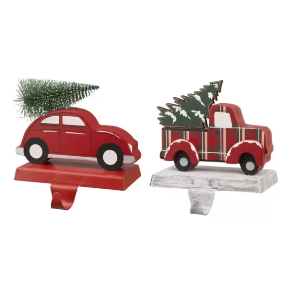 Glitzhome Wooden/Metal Red Car and Truck Stocking Holder (Set of 2 )