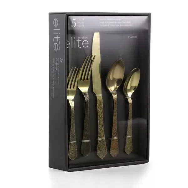 GIBSON elite Zambezi 5-Piece Gold Hammer Texture Stainless Steel Flatware Set (Service for 1)