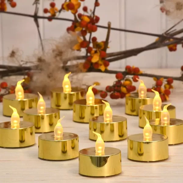 LUMABASE Battery Operated Gold Plated LED Tea Lights (12-Count)