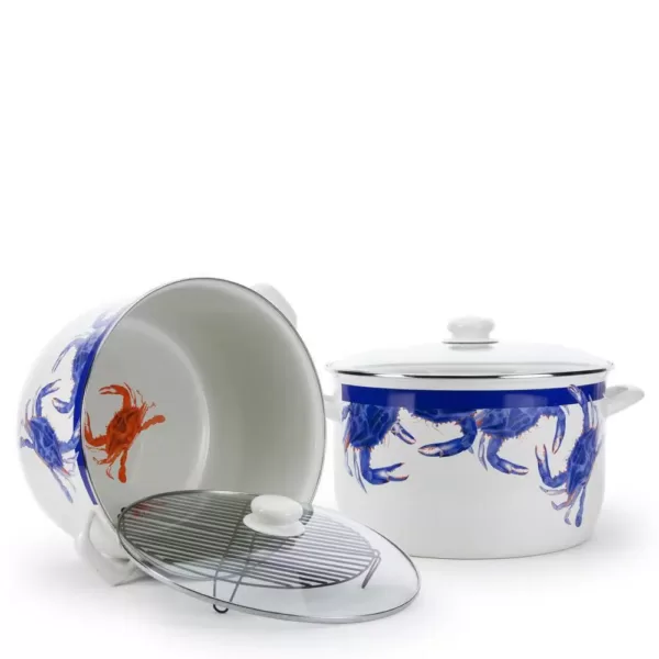 Golden Rabbit Blue Crab 18 qt. Porcelain-Coated Steel Stock Pot in Blue with Glass Lid