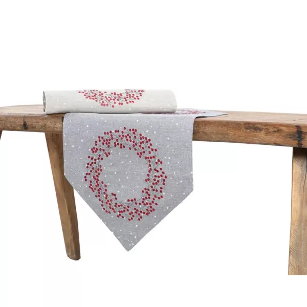 Manor Luxe 16 in. x 36 in. Holly Berry Wreath Embroidered Christmas Table Runner, Gray