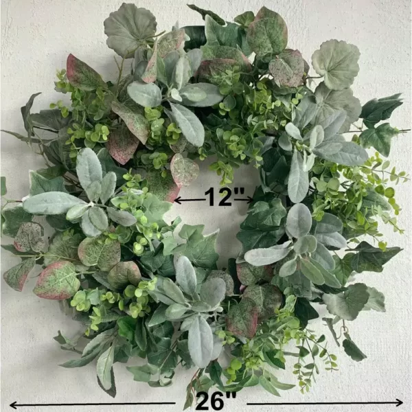 Glitzhome 26 in. Unlit Green Artificial Wreath with Large Lambs Ear Green Foliage