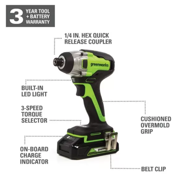 Greenworks 24-Volt Cordless Battery Brushless Impact Driver, 2 Batteries and Charger Included ID24L1520