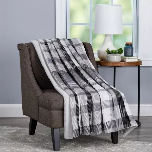 Lavish Home Oversized Faux Fur Phantom Grey Plaid Flannel Hypoallergenic Throw Blanket