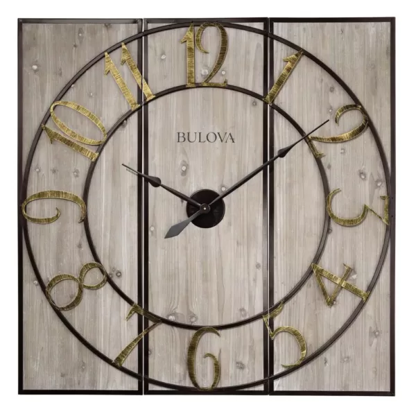 Bulova Oversized 3-Panel Square Gallery Clock with a Weathered Wood