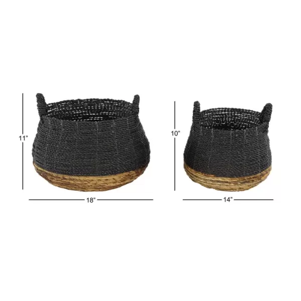 LITTON LANE Round Banana Leaf and Polypropylene Storage Wicker Baskets with Handles (Set of 2)