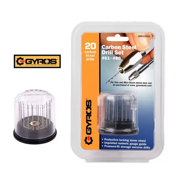 Gyros #61 - #80 Carbon Steel Wire Gauge Drill Bit Dome Set (Set of 20)