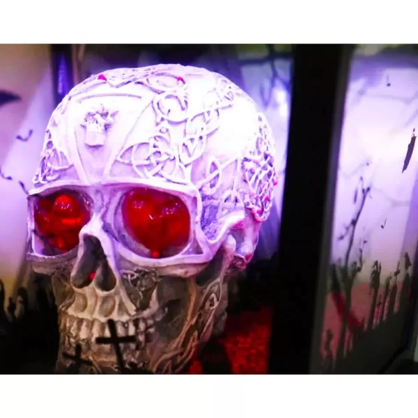 Haunted Hill Farm 71 in. Black Gruesome Skull Lamp Post with Animation and Spooky Music