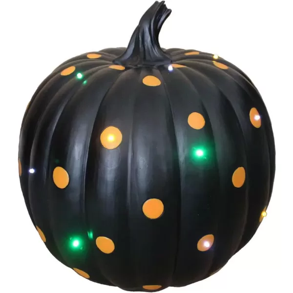 Haunted Hill Farm 15.5 in. Black with Orange Polka Dots Indoor/Outdoor Lighted Designer Pumpkin