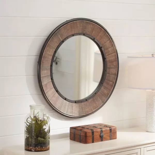 Home Decorators Collection Medium Round Farmhouse Accent Mirror with Wood Finish (31 in. Diameter)