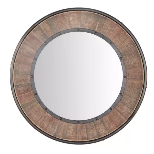 Home Decorators Collection Medium Round Farmhouse Accent Mirror with Wood Finish (31 in. Diameter)