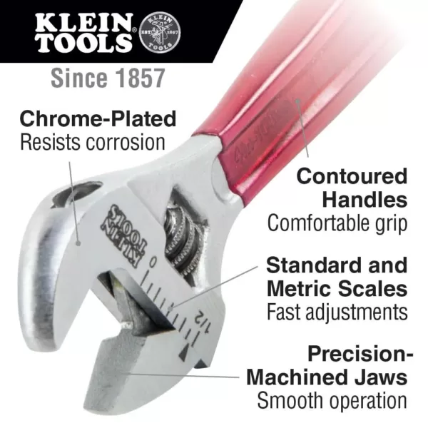 Klein Tools 1/2 in. Standard Capacity Adjustable Wrench with Plastic Dipped Handle