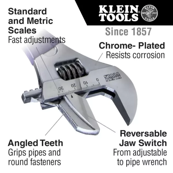 Klein Tools Reversible Jaw/Adjustable Pipe Wrench, 10 in.