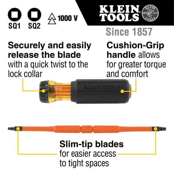 Klein Tools 2-in-1 Insulated Flip-Blade Screwdriver, #1 Square, #2 Square