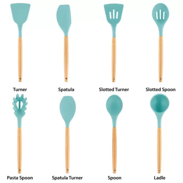 MegaChef Light Teal Silicone and Wood Cooking Utensils (Set of 9)