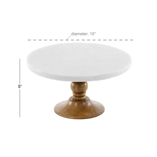 LITTON LANE 10 in. x 5 in. White Marble and Brown Wood Cake Stand