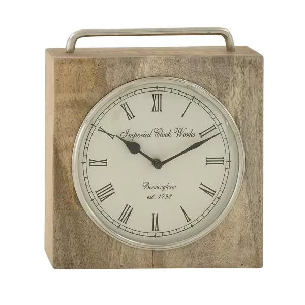 LITTON LANE 11 in. x 10 in. Rustic Wood and Iron Brown Square Table Clock