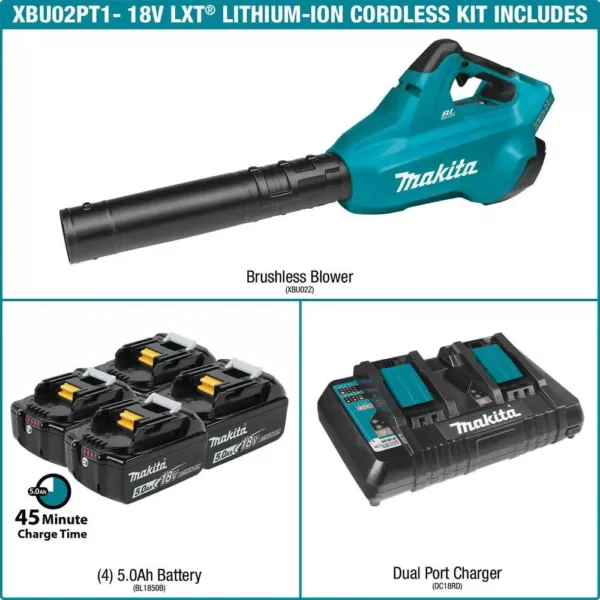 Makita 120 MPH 473 CFM 18-Volt x2 (36-Volt) LXT Lithium-Ion Brushless Cordless Blower Kit with Four 5.0 Ah Batteries