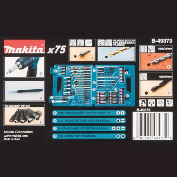 Makita Metal, Wood, Masonry, Straight Shank Metric Drill and Screw Bit Set (75-Piece)