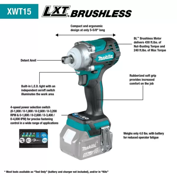 Makita 18-Volt LXT Lithium-Ion Brushless Cordless 4-Speed 1/2 in. Impact Wrench with Detent Anvil (Tool-Only)