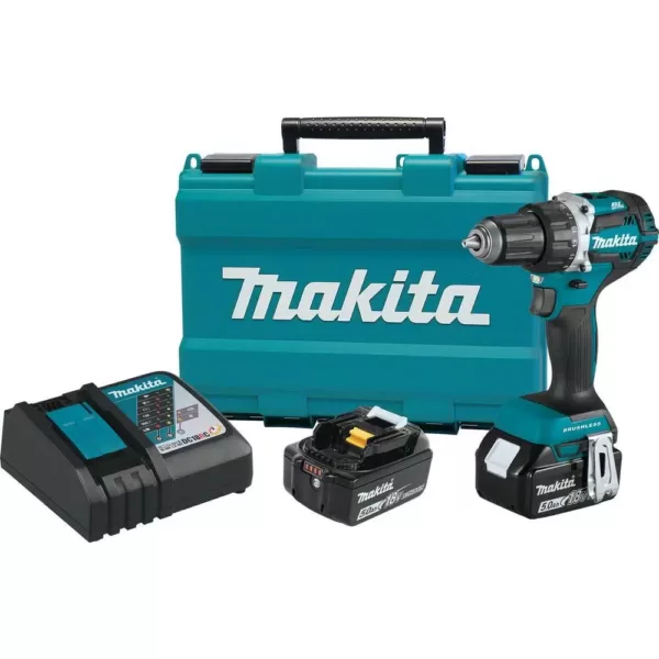 Makita 18-Volt LXT Lithium-Ion Compact Brushless Cordless 1/2 in. Driver-Drill Kit with Two 5.0 Ah Batteries, Charger, Bag