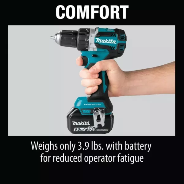 Makita 18-Volt LXT Lithium-Ion Compact Brushless Cordless 1/2 in. Driver-Drill Kit with Two 5.0 Ah Batteries, Charger, Bag