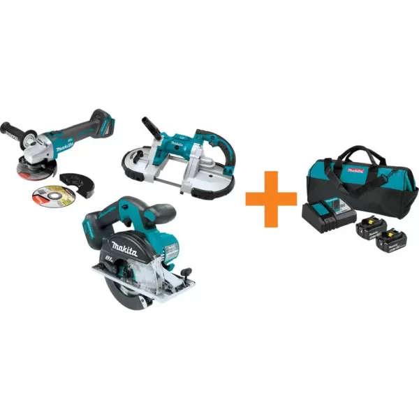 Makita 18V LXT Brushless 4-1/2 in./5 in. Angle Grinder, 1/2 in. Impact Wrench and 2 Gal. Vacuum with bonus 18V LXT Starter Pack