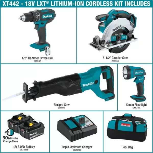 Makita 18-Volt LXT 3.0Ah Lithium-Ion Cordless Combo Kit - Hammer Drill/Circular Saw/Reciprocating Saw/Flashlight (4-Piece)