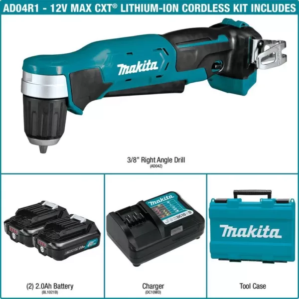 Makita 12-Volt MAX CXT Lithium-Ion Cordless 3/8 in. Right Angle Drill Kit (2.0 Ah)