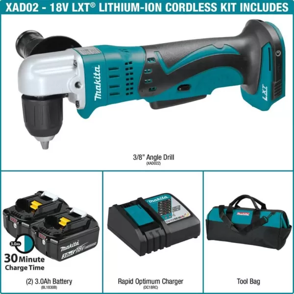 Makita 18-Volt LXT Lithium-Ion 3/8 in. Cordless Angle Drill Kit with (2) Batteries 3.0Ah, Charger, Tool Bag