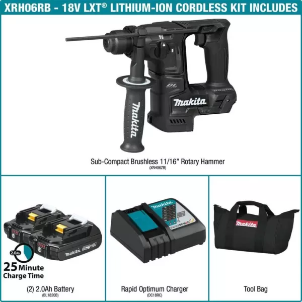 Makita 18-Volt LXT Lithium-Ion Sub-Compact Brushless Cordless 11/16 in. Rotary Hammer Kit, accepts SDS-PLUS bits (2.0Ah)