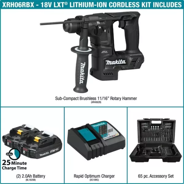 Makita 18V LXT Sub-Compact Brushless Cordless 11/16 in. Rotary Hammer Kit, accepts SDS-PLUS bits, 65 Pc. Accessory Set (2.0 Ah)