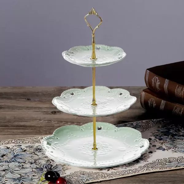 MALACASA 3-Tiered Green Cupcake Tower Stand Porcelain Round Tiered Serving Stand for Dessert Cake