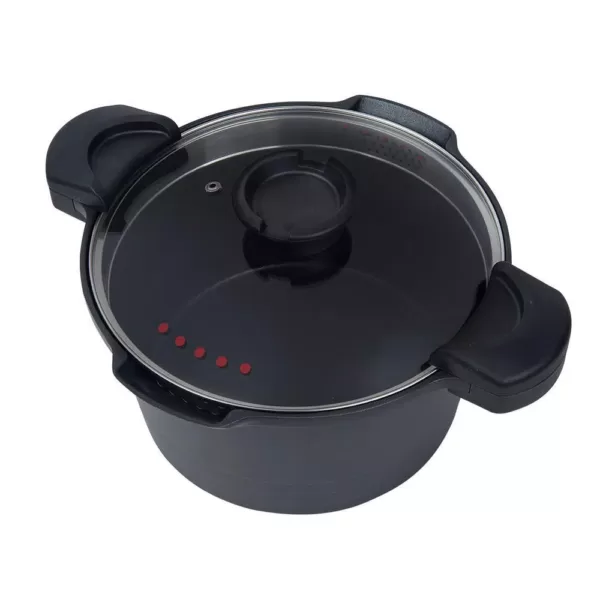 MasterPan Innovative Series 5 qt. Cast Aluminum Non-Stick Stock N Pasta Pot in Black with Easy Pour Strainer and Glass Lid