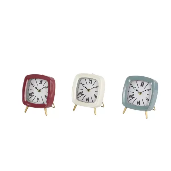 LITTON LANE Square Mauve, White and Blue Metal Table Clocks with Retractable Stands and Gold Feet (Set of 3)