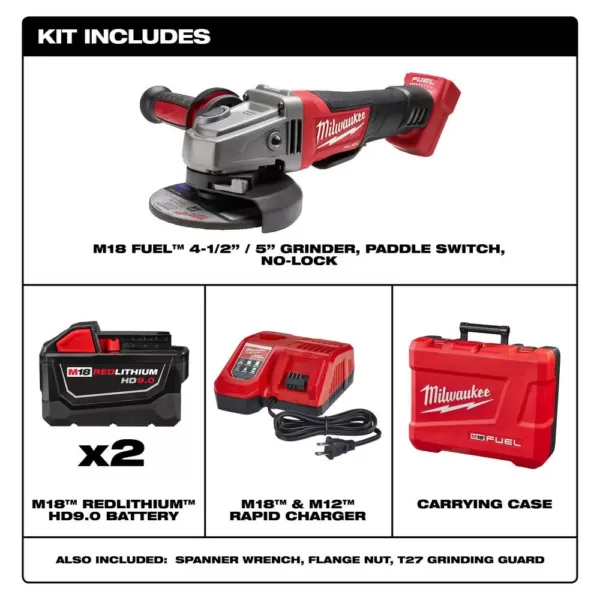 Milwaukee M18 FUEL 18-Volt Lithium-Ion Brushless Cordless 4-1/2 in./5 in. Grinder, Paddle Switch No-Lock Kit W/(2) 9.0Ah Batteries