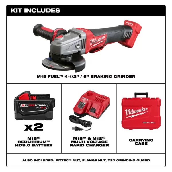 Milwaukee M18 FUEL 18-Volt Lithium-Ion Brushless Cordless 4-1/2 in./5 in. Braking Grinder Kit W/(2) 9.0Ah Batteries,Rapid Charger