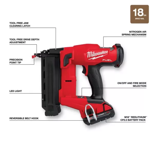 Milwaukee M18 FUEL GEN II 18-Volt 18-Gauge Lithium-Ion Brushless Cordless Brad Nailer Kit with One 2.0 Ah Battery, Charger and Bag